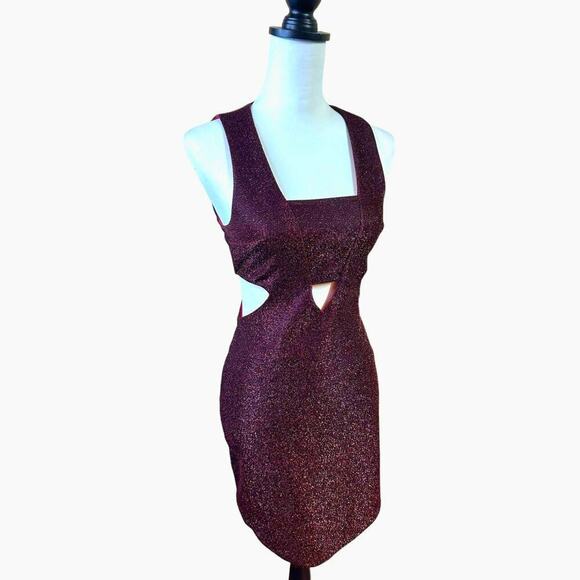 Express Mini Dress Dark Red Sparkle Festive Disco Cut Out Bodycon Dress Size 2 - Picture 1 of 16